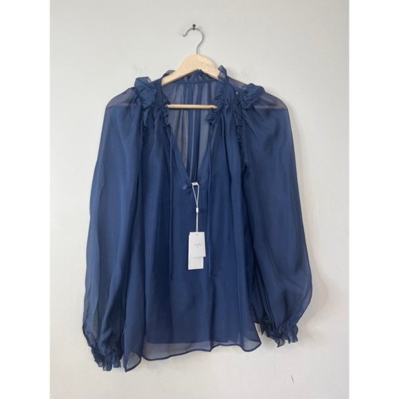 NWT Cami NYC Sheer Chiffon Ruffle Sandy Storm Navy Blue Sheer Blouse Top - Picture 2 of 7